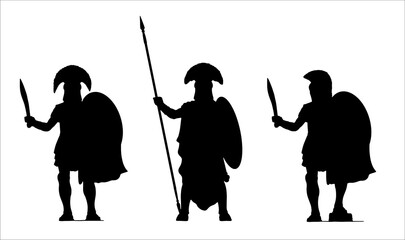 Silhouette with Greek hoplites. Ancient warriors. Vector drawing with Spartan warrior.