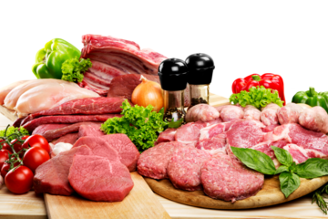 Fresh raw meat background with vegetables on wooden desk isolated on white background