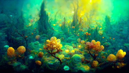 Naklejka na ściany i meble seabed landscape with algae and vegetation of super bright colors in fantasy style