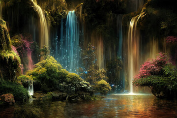 An Enchanted Luminous waterfall Garden