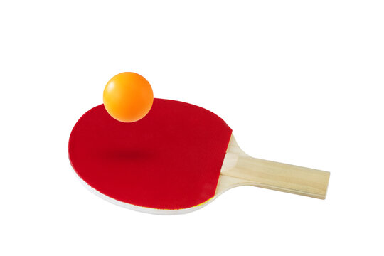 Red ping pong paddle and ball in the air isolated on white. Active lifestyle concept