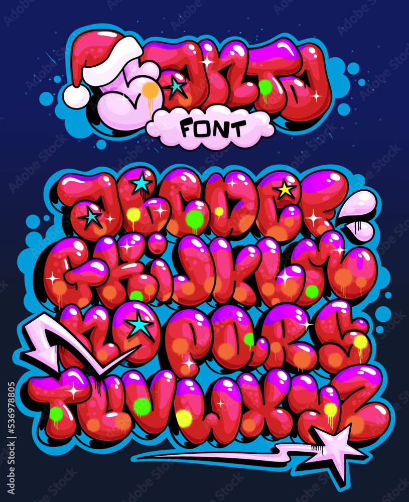 Wall mural Santa cartoon font. Holidays letters in flop graffiti style illustration for fun inscription decoration