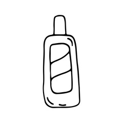 Bottle with scented shower gel, liquid soap or shampoo. Bath products. Doodle. Hand drawn. Vector illustration. Outline.