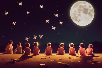 Fototapeta na wymiar kids playing in the moonlight