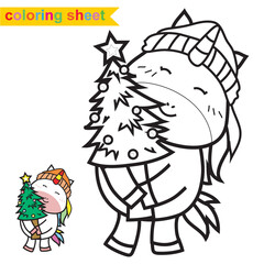 Cute unicorn with Christmas theme illustration. Educational printable coloring worksheet. Coloring page for preschool children. Vector outline for coloring page. Activity kit for kindergarten students