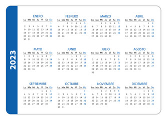 Pocket calendar on 2023 year, Spanish. Blue horizontal