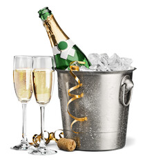 Two glasses of champagne and bottle on background - obrazy, fototapety, plakaty