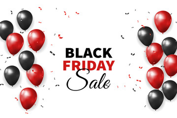 Black Friday sale banner with red and black floating  balloons and confetti