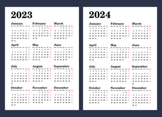 calendar 2023 and 2024, week starts on Monday, basic business template. vector illustration