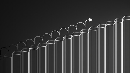 Obraz premium 3D rendering of bright graph with ever increasing height and curly arrow representing step-up process.