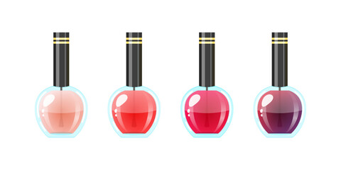 Obraz premium Nail polish set. Cartoon illustration of four bottles with pink and red varnish isolated on a white background. Vector 10 EPS. 