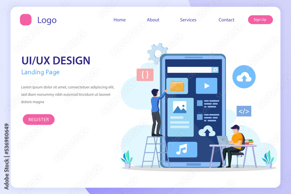 Poster ui ux design concept, creating an application design, content and text place, vector illustration