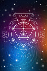 Merkaba. Sacred geometry spiritual new age futuristic illustration with transmutation interlocking circles, triangles and glowing particles