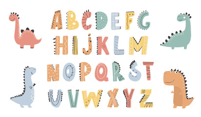Childish alphabet, English letters set. Childrens funny ABC for preschool, kindergarten learning, reading. Flat vector illustration isolated on white background.