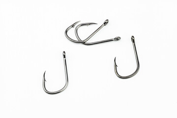  set of or heap of fishing hooks isolated on white background 