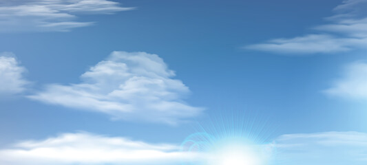 realistic white sunny cloud background design, empty blue sky illustration template vector