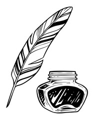 Inkwell and feather, hand drawn vector illustration