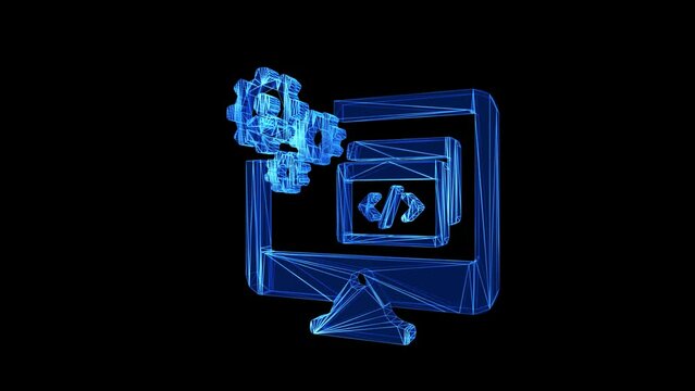 Software Development Icon Blue Low Poly Rotating on black background. concept of Programming web. programming languages. Technology process Software development