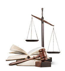 Justice Scales and books and wooden gavel on table. Justice concept