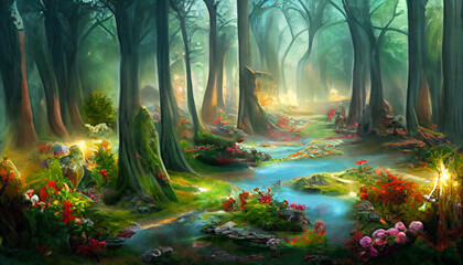The Enchanted Forest of the Magic Natural Landscape and River Flow Background, Fairy Tale of the Magical Forest, Fantasy Forest Natural Beauty Landscape