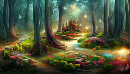 The Enchanted Forest of the Magic Natural Landscape and River Flow Background, Fairy Tale of the Magical Forest, Fantasy Forest Natural Beauty Landscape - obrazy, fototapety, plakaty