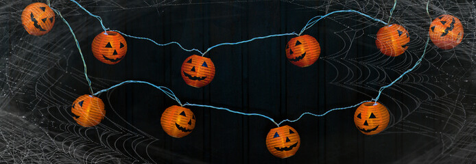 Happy HALLOWEEN party celebration background banner Panorama - Fairy lights, String of lights with...