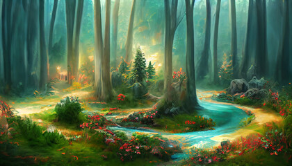 The Enchanted Forest of the Magic Natural Landscape and River Flow Background, Fairy Tale of the Magical Forest, Fantasy Forest Natural Beauty Landscape