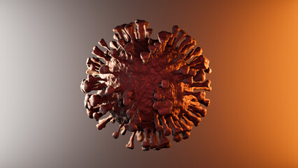 Illustration of one single red orange virus cell, visualization of a viral infection, coronavirus covid-19 monkeypox background with copy space for text