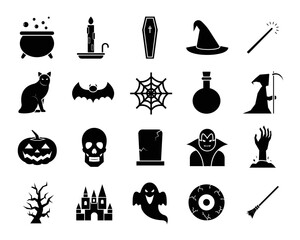Halloween black icon set. Pumpkin head, coffin, ghost, vampire, and witch vector illustration. Suitable for poster or content design assets