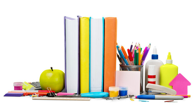 School supplies - books, pencils and apples isolated on white background