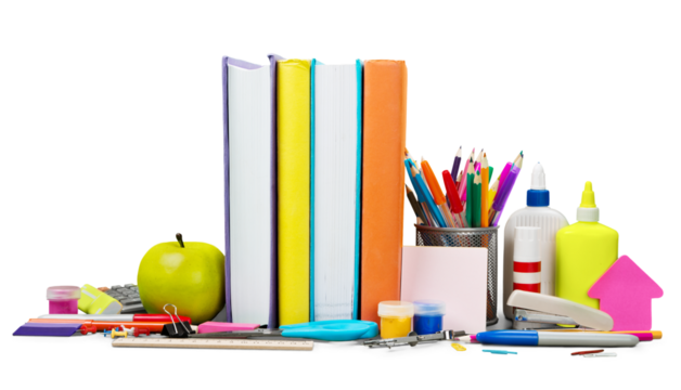 School supplies - books, pencils and apples isolated on white background - Powered by Adobe