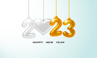Happy New Year 2023. Holiday vector illustration of silver and gold metallic numbers 2023. Realistic 3d sign. Festive poster or banner design