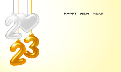 Happy New Year 2023. Holiday vector illustration of silver and gold metallic numbers 2023. Realistic 3d sign. Festive poster or banner design Art with space to add texts