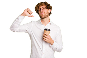 Business caucasian man holding a coffee to take away isolated on white background feels proud and...