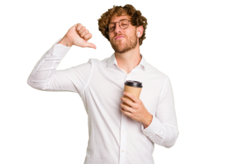Business caucasian man holding a coffee to take away isolated on white background feels proud and self confident, example to follow.