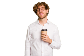 Business caucasian man holding a coffee to take away isolated on white background happy, smiling and cheerful.