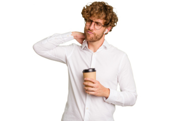 Business caucasian man holding a coffee to take away isolated on white background touching back of head, thinking and making a choice.