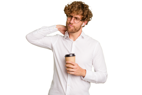 Business caucasian man holding a coffee to take away isolated on white background touching back of head, thinking and making a choice.