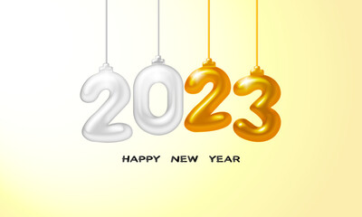 Happy New Year 2023. Holiday vector illustration of silver and gold metallic numbers 2023. Realistic 3d sign. Festive poster or banner design