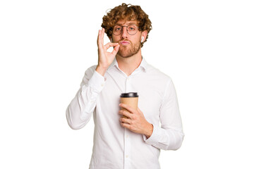Business caucasian man holding a coffee to take away isolated on white background with fingers on lips keeping a secret.