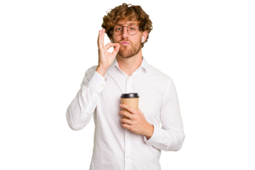 Business caucasian man holding a coffee to take away isolated on white background with fingers on lips keeping a secret.