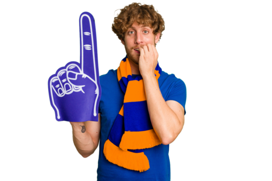 Young caucasian sports fan man isolated on white background biting fingernails, nervous and very anxious. - Powered by Adobe