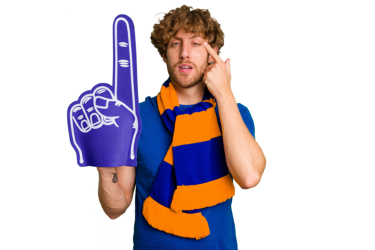 Young caucasian sports fan man isolated on white background showing a disappointment gesture with forefinger. - Powered by Adobe