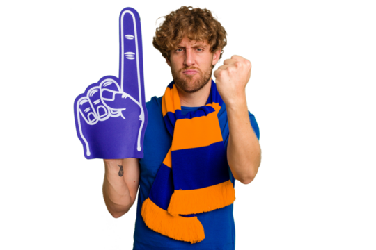 Young caucasian sports fan man isolated on white background showing fist to camera, aggressive facial expression. - Powered by Adobe