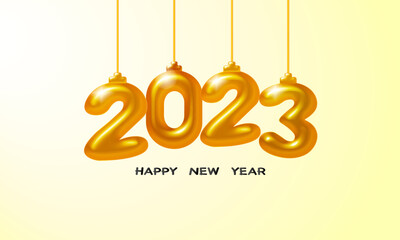 Happy New 2023 Year. Holiday vector illustration of golden metallic numbers 2023. Realistic 3d sign. Festive poster or banner design