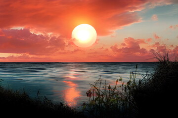 roze zonsondergang op zee zon naar beneden water reflectie en avond wilde bloemen schaduw zomer natuur landschap sjabloon cory space