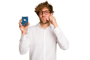 Young caucasian informatic man holding a hard drive isolated on white background with fingers on lips keeping a secret.