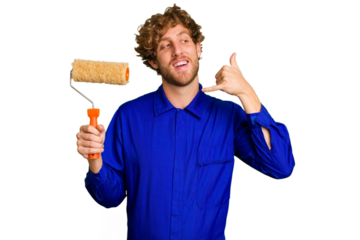Young painter man holding a roll isolated on white background showing a mobile phone call gesture with fingers.