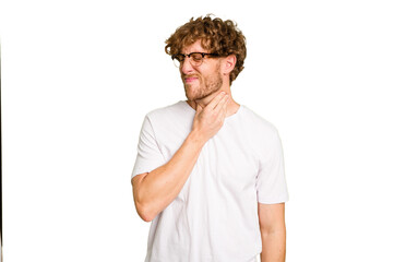 Young caucasian man isolated on green chroma background suffers pain in throat due a virus or...