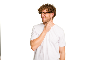 Young caucasian man isolated on green chroma background suffers pain in throat due a virus or infection.